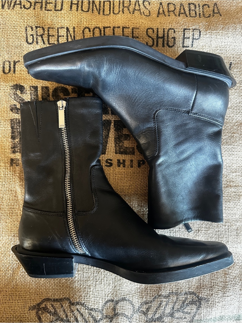 ZARA Black Leather Mid-Calf Side-Zip Boots